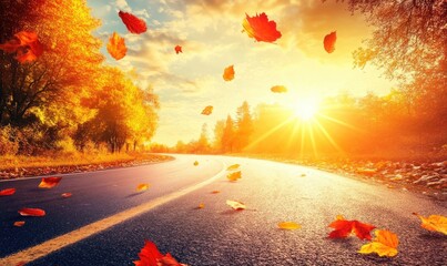 An autumn scene featuring leaves falling over a winding road