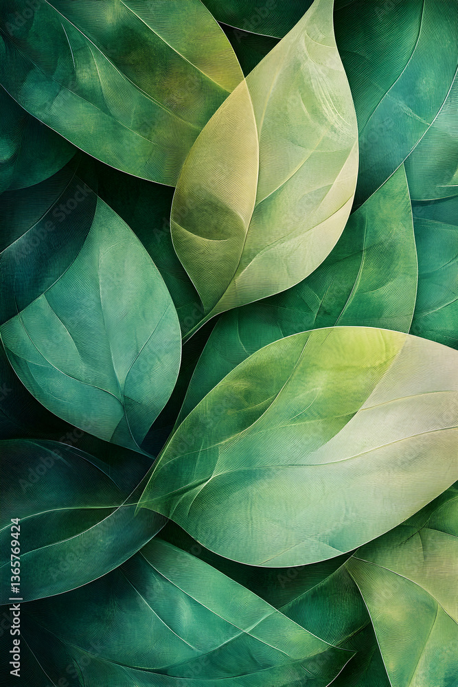 Poster abstract green leaves with flowing patterns -