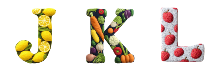 Fruits and vegetables alphabet. Letters with fruits elements. Composition for card,greetings, invitation, save the date, logo, business. transparent background PNG.     