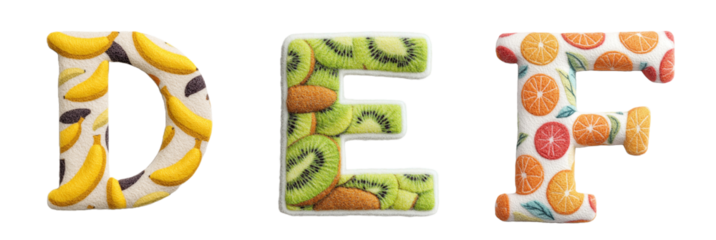 Fruits and vegetables alphabet. Letters with fruits elements. Composition for card,greetings, invitation, save the date, logo, business. transparent background PNG.     