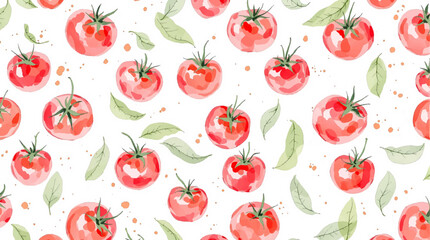 Seamless watercolor pattern featuring various types of tomatoes showcasing whole and halved tomatoes along with green leaves and branches on a white background 