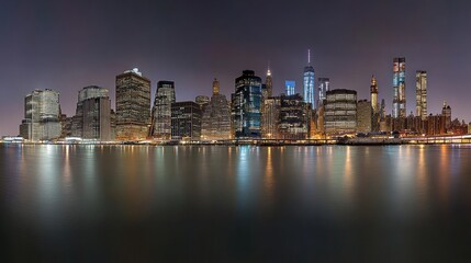 Obraz premium Night cityscape, Manhattan skyline, river reflection, urban panorama, travel