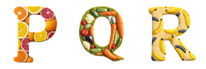 Fruits and vegetables alphabet. Letters with fruits elements. Composition for card,greetings, invitation, save the date, logo, business. transparent background PNG.     