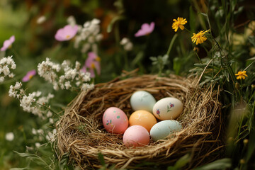 Rustic Easter nest filled with speckled painted eggs resting green natural setting, Generative AI