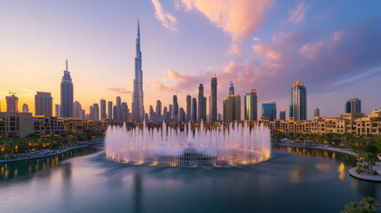 A breathtaking view of Dubaiâ€™s downtown skyline, featuring a picturesque fountain scene in 2024