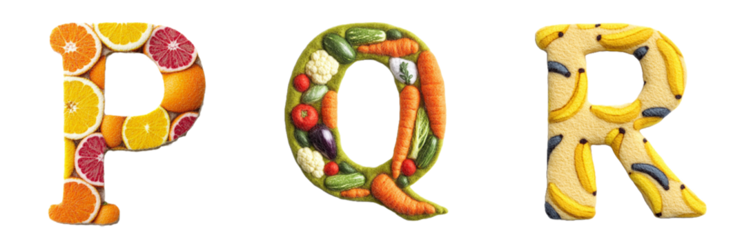 Fruits and vegetables alphabet. Letters with fruits elements. Composition for card,greetings, invitation, save the date, logo, business. transparent background PNG.     