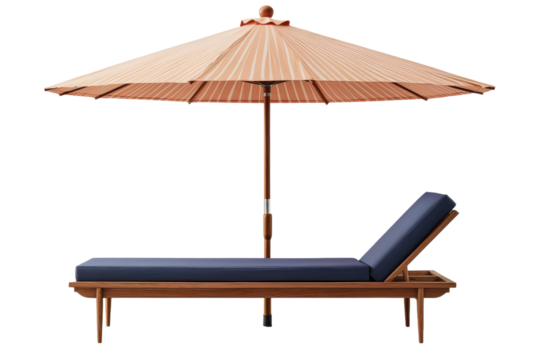 Wooden sun lounger and umbrella, isolated background
