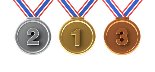 3D rendering, Close up realistic gold, silver and bronze medals for competition sign and symbol, isolated on white background.   