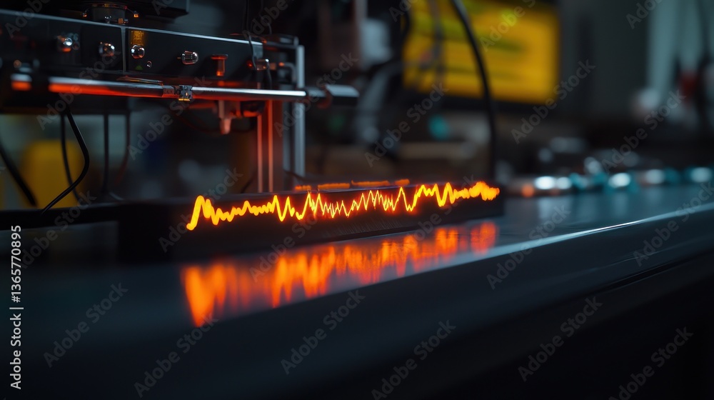 Poster vibrant audio waveform displayed on a sleek surface in a modern sound engineering studio
