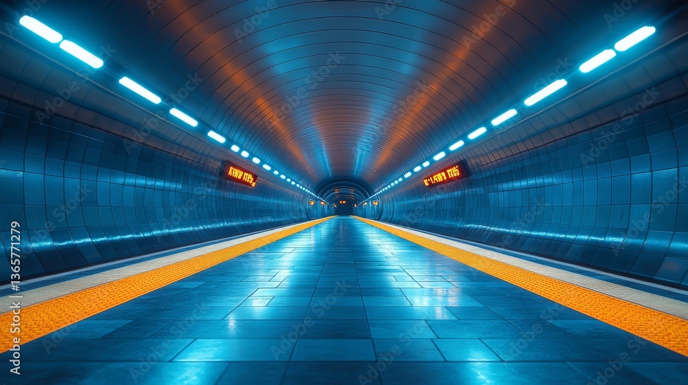 Aufkleber An urban metro tunnel features sleek architecture with bright lighting and vibrant colors. Automatic signs display information, enhancing commuter experience in the subway system.