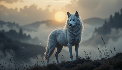 A stunning wolf stands proudly against a breathtaking sunset, its piercing eyes reflecting the wild spirit of nature in a misty wilderness setting.