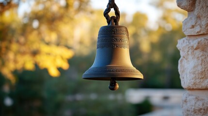 Obraz premium Ornate bell hanging from a rope, outdoors