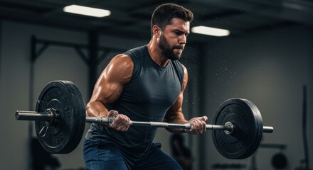 Fototapeta na wymiar Young man performing bicep curls with a barbell in a modern gym, focused on strength training