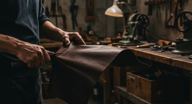 Artisan craftsman skillfully cutting leather in a workshop filled with tools and materials - Powered by Adobe