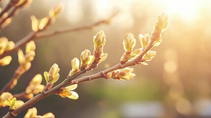 Fototapeta premium A close-up macro of tree branches with budding leaves covered in dewdrops, showcasing intricate botanical textures and fresh spring renewal.