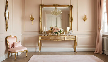 Elegant entryway decor featuring ornate gold mirror and pink accents
