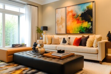 Modern Living Room Interior. Adorable Golden Labrador Retriever Relaxing on Comfortable Couch