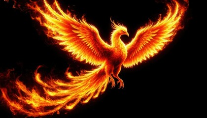 A phoenix flying with wings transforming into fiery streams on a black background (rebirth). Generated AI