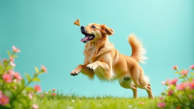Golden Retriever Leaps Joyfully for a Treat Amidst Blooming Flowers in a Vibrant Spring Setting