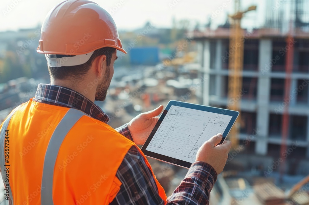 Poster civil engineer or architect with hardhat on construction site checking schedule on tablet computer