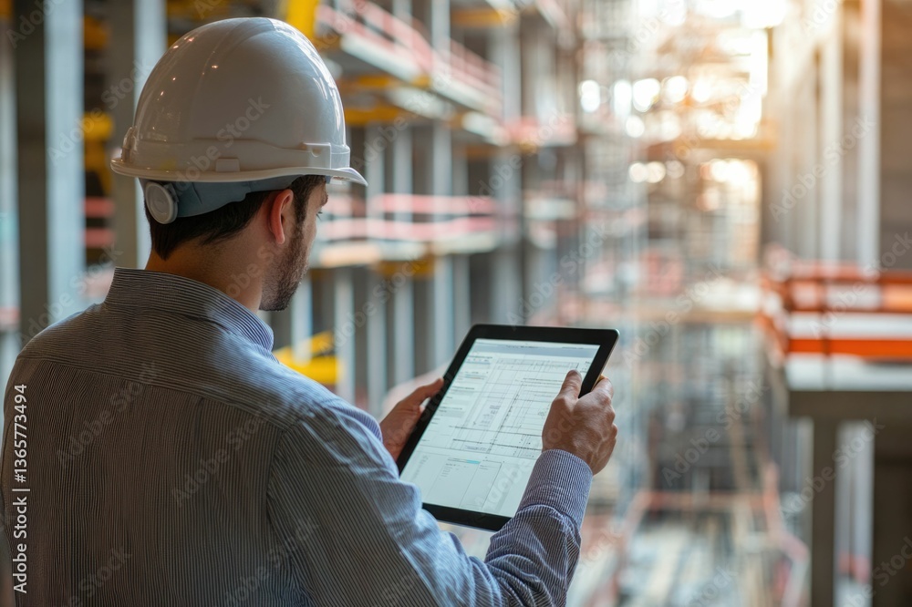 Poster civil engineer or architect with hardhat on construction site checking schedule on tablet computer