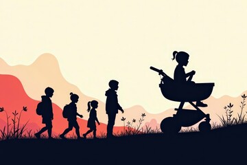 Abstract stroller silhouettes, geometric shapes, monochrome, kids, vector