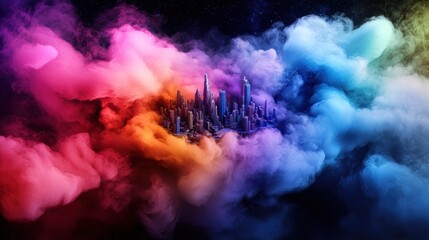 Fototapeta premium Vibrant city skyline emerging from colorful clouds in a surreal cosmic landscape