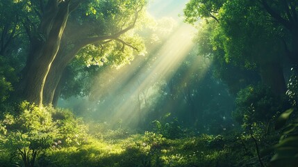 Obraz premium Sunlight streams through a lush forest