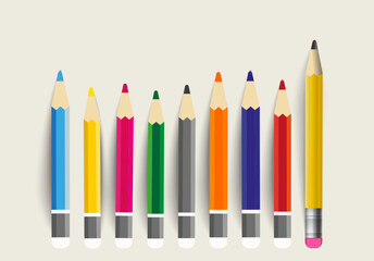 Realistic box of colored pencils icon set closeup