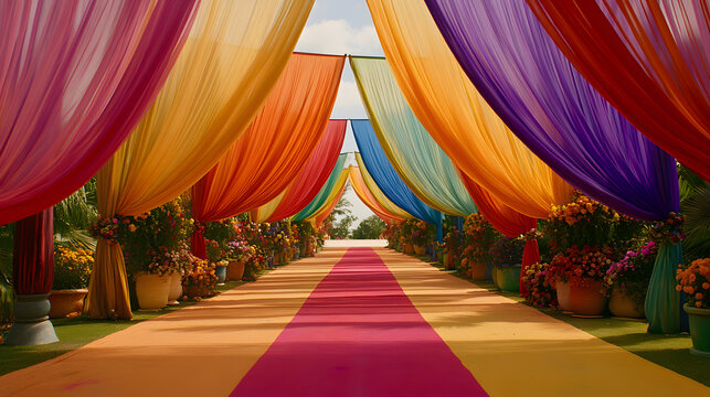Vibrant colorful drapes create a stunning walkway lined with blooming flowers. A red carpet leads to a bright horizon under a clear sky. Perfect for wedding, celebration or event backdrops.