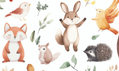 Naklejka premium Cute Woodland Animals in Watercolor for Nursery Decor - Bunny Bear Fox Bird Hedgehog