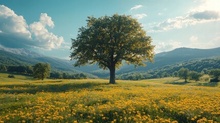 Solitary tree in a vibrant yellow flower field, set against a backdrop of majestic mountains under a sunny sky.