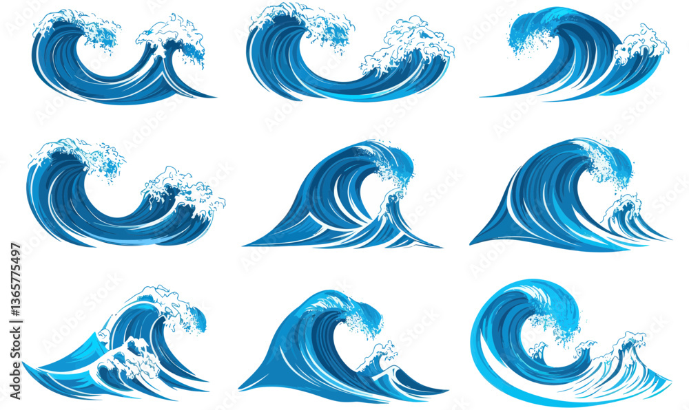 Poster minimalist blue ocean waves vector set for design and illustration projects