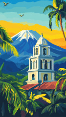 Obraz premium Mayon Volcano and Cagsawa Ruins Art Deco Poster in Bicol Region, Philippines Vector