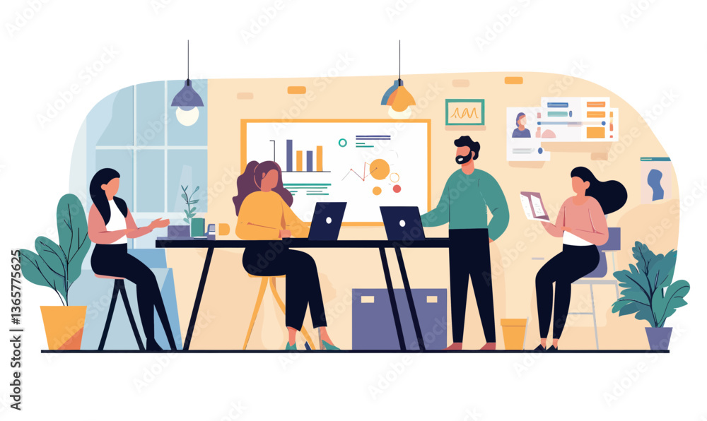 Poster diverse team collaboration in modern office setting with technology and analytics