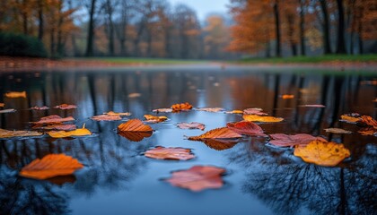 Autumn colored leaves float on water near reflective trees