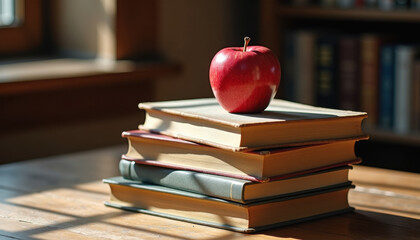 Books and apple, Red apple on stacked books by window in natural light