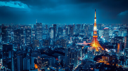 Obraz premium A dazzling nighttime view of Tokyo, Japan, with its skyline illuminated against the dark sky