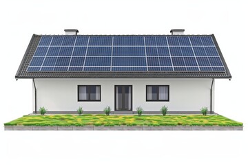 Naklejka premium A modern house featuring solar panels on the roof, surrounded by a well-maintained lawn and small plants, emphasizing sustainability and eco-friendliness.