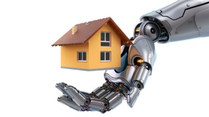 Robotic arm holding modern house on transparent background