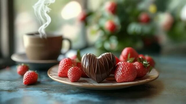 Chocolate heart and fresh strawberries on a plate, with a cup of coffee, creating a cozy atmosphere
