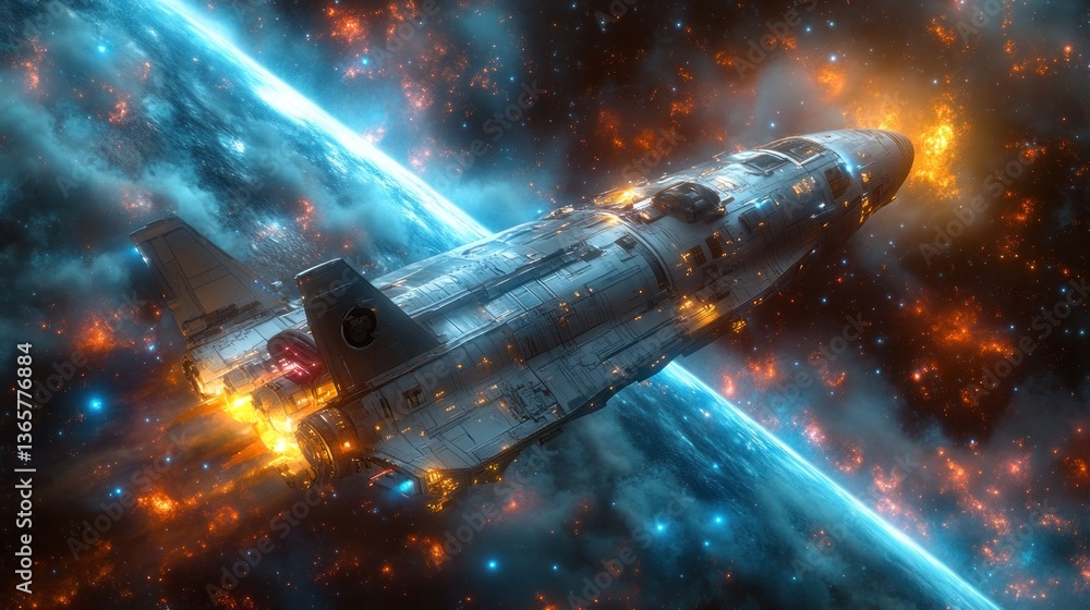 Poster spaceship launching through vibrant nebula near a planet.