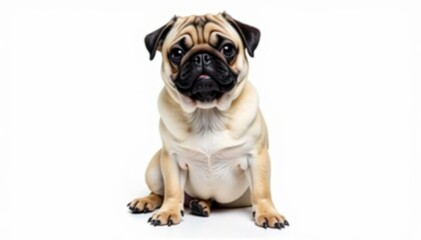 Obraz premium Adorable pug dog sitting, isolated on white background, companion, friend