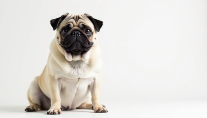 Obraz premium Adorable pug dog sits alone, white background, pets, headshot, studio