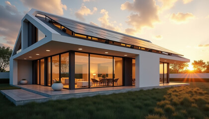 Fototapeta premium Solar panels on roof, Sustainable home with rooftop solar panels at dusk