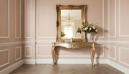 Elegant Gold Framed Mirror on Console Table with Floral Arrangement