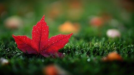 A vibrant red maple leaf rests on green grassy surroundings