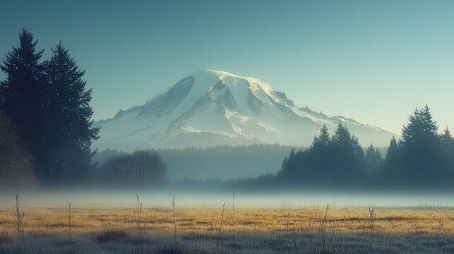 Mountain View: Foggy Field Beneath Majestic Mount Ranier
