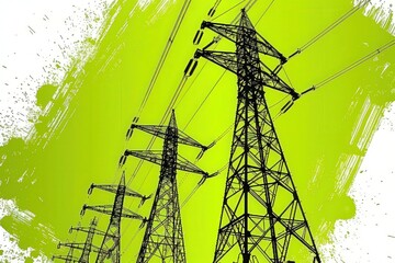 A striking image of high-voltage power lines against a vibrant green backdrop, showcasing the intersection of technology and nature.