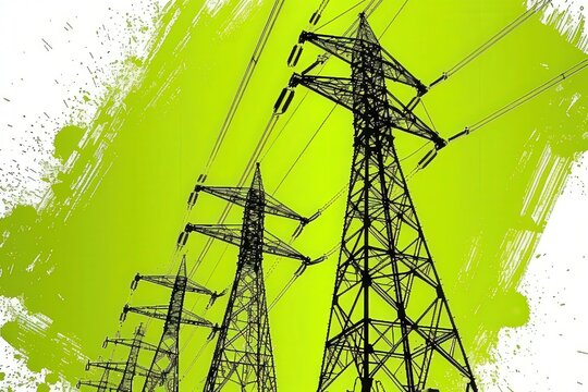A striking image of high-voltage power lines against a vibrant green backdrop, showcasing the intersection of technology and nature.